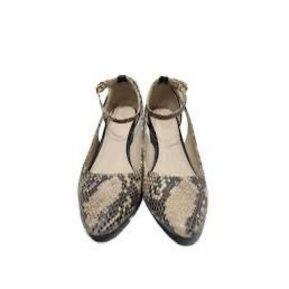 Cole Haan Size 6.5 Pointed Toe Ankle Strap Flats Snakeskin Print Neutral Spring